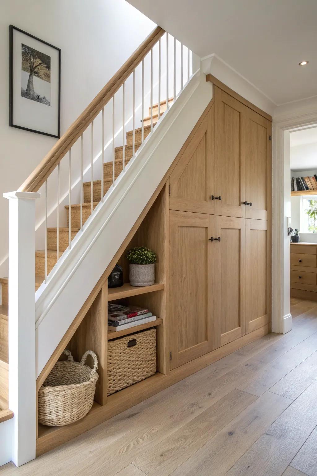 Make the under-stair nook look intentional with sleek oak built-ins and one basket cubby.
