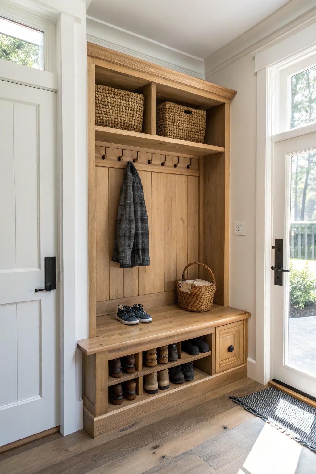 Mini mudroom closet: oak shoe shelf, sleek hooks, and a top basket for effortless entryway order.
