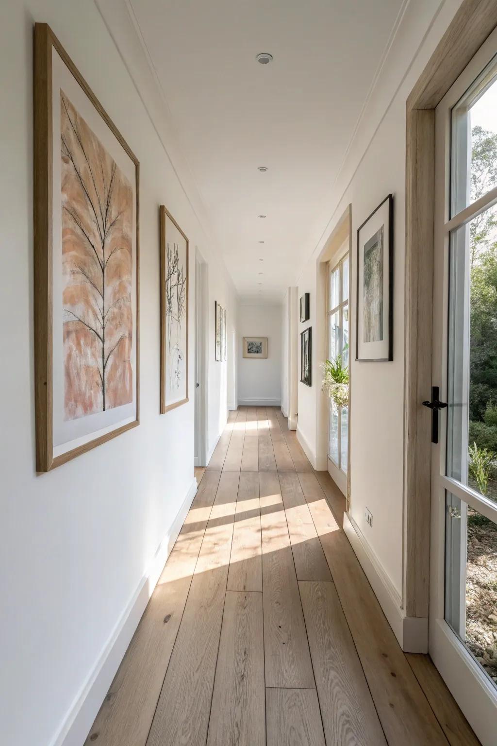A single oversized print in a light oak frame creates a calm, bold focal point down the hall.