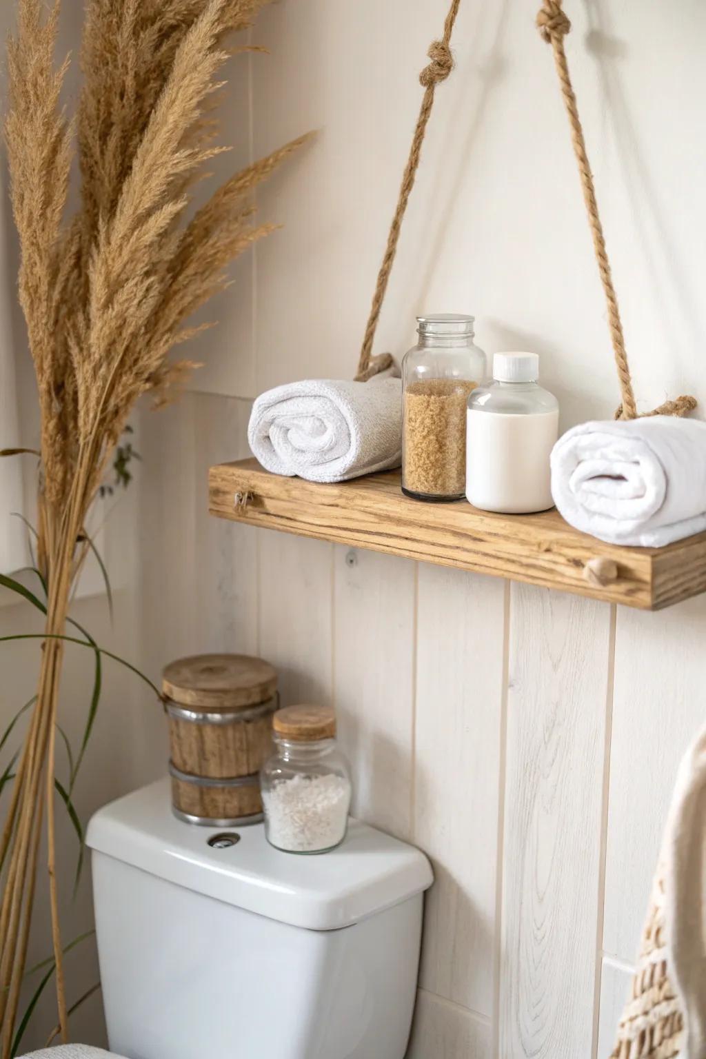A simple hanging shelf over the toilet—warm wood, glass jars, and folded towels, beautifully minimal.