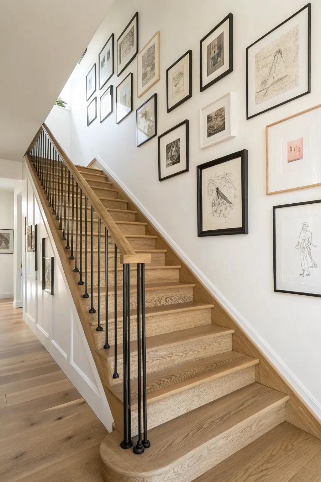 Stair-step gallery wall on warm hardwood stairs—minimal, crafted, and instantly focal-point worthy.