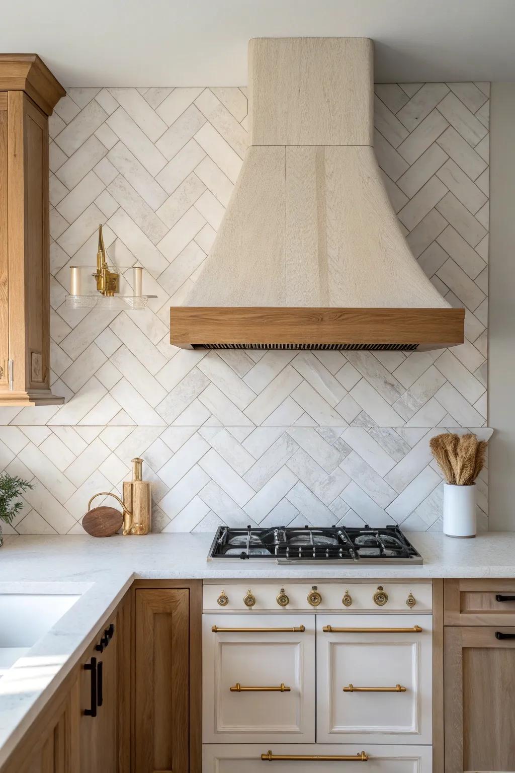 Herringbone just behind the hood: a budget-friendly wow moment with clean, minimal walls.
