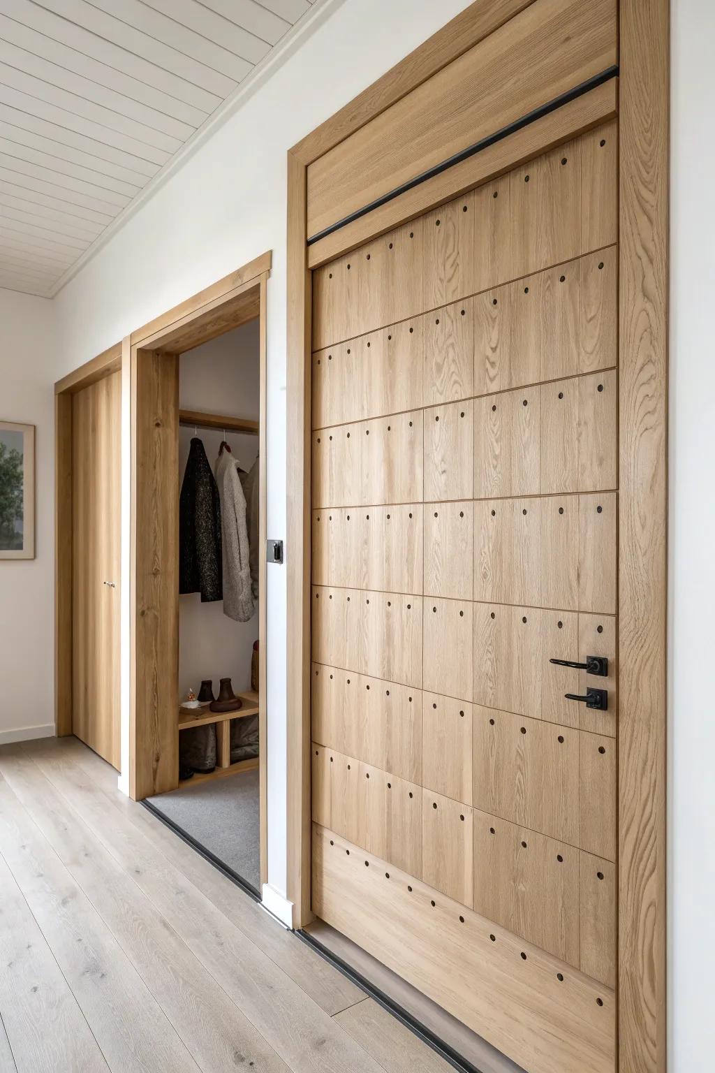 A false shiplap wall panel swings open to reveal secret coat pegs—hidden storage in plain sight.