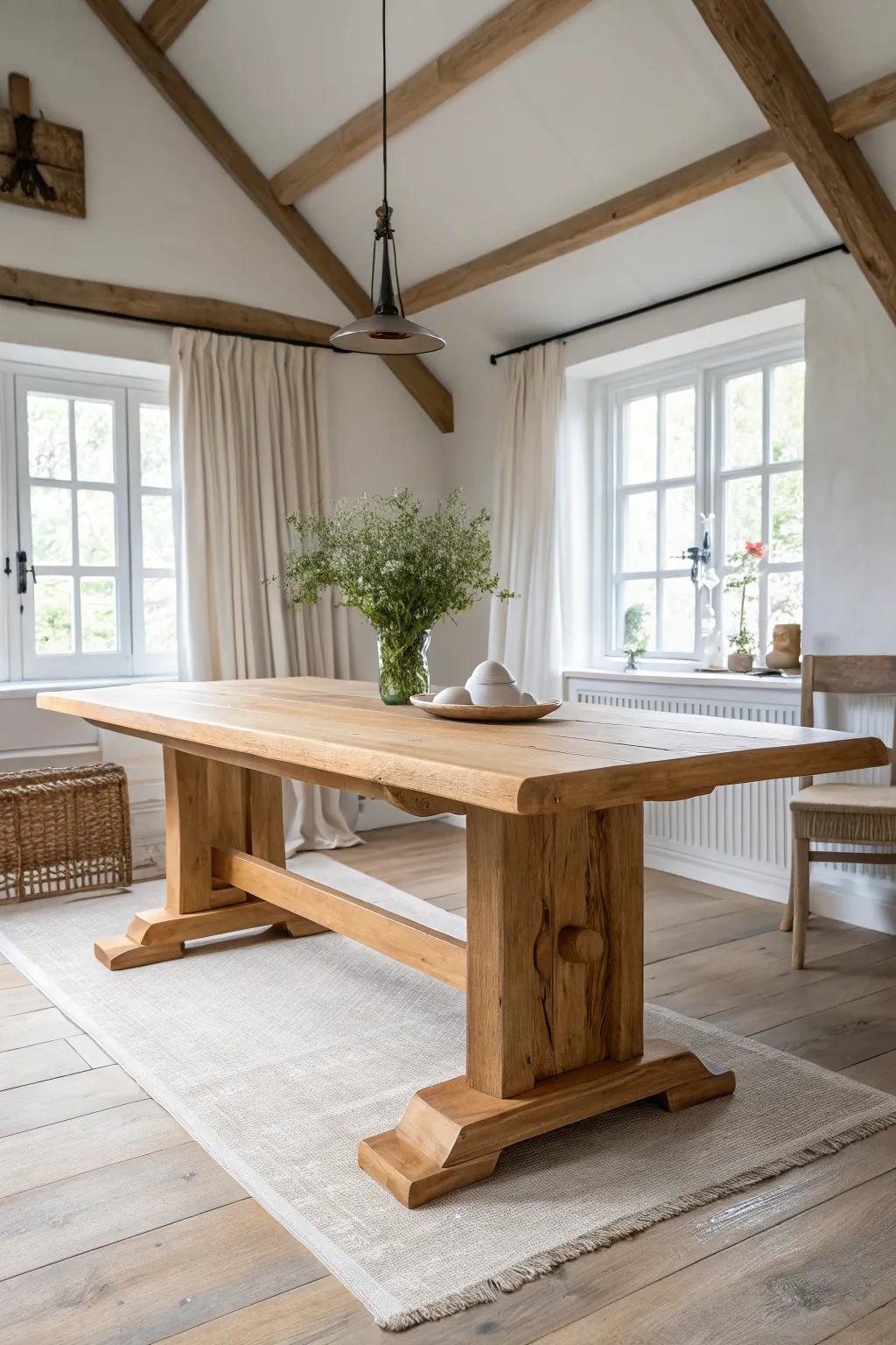An extra-thick solid wood tabletop adds weight and warmth to a soaring dining room.