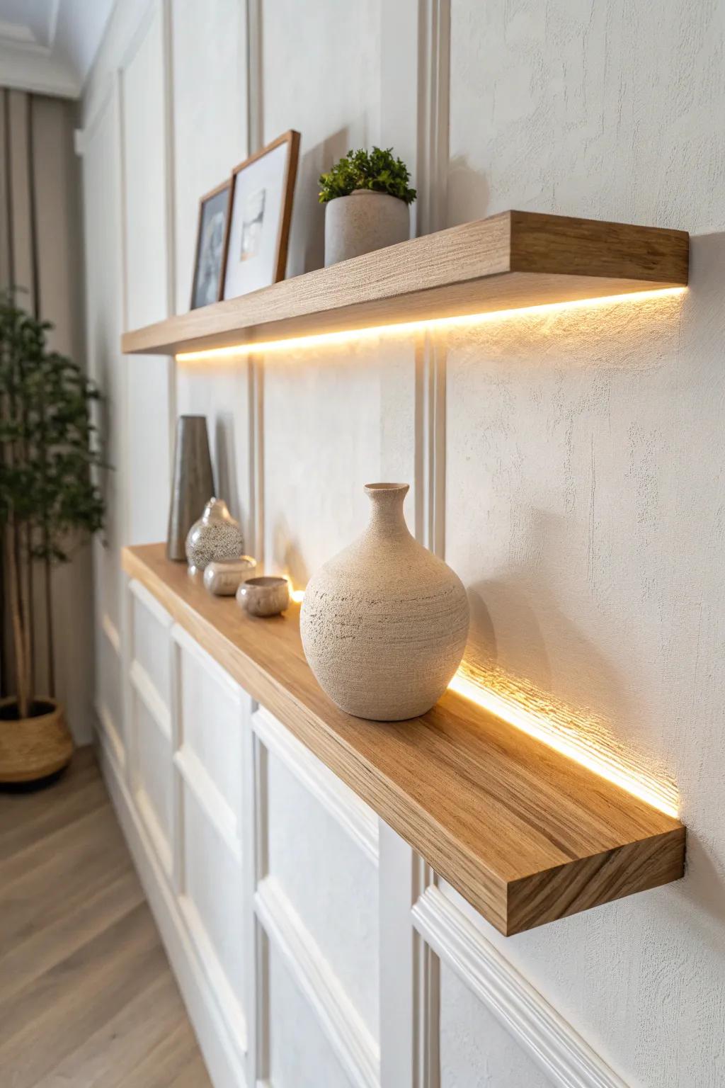A warm LED strip behind a high oak shelf adds a cozy halo that makes simple pottery glow.