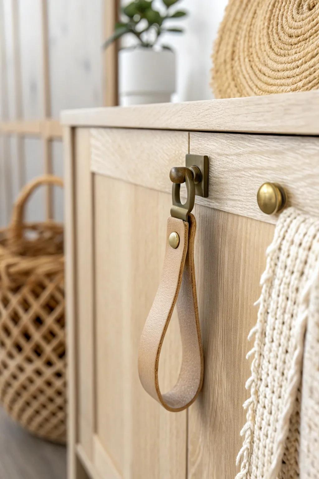 Warm brass hook and handmade leather pull add instant craft charm to a minimalist van.