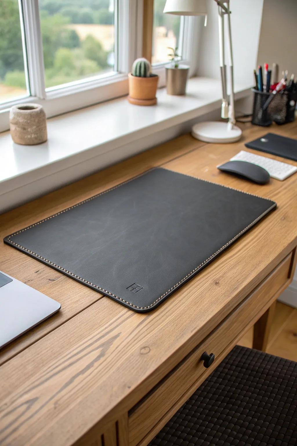 A hand-stitched desk mat that defines your work zone and keeps your wood desktop pristine.