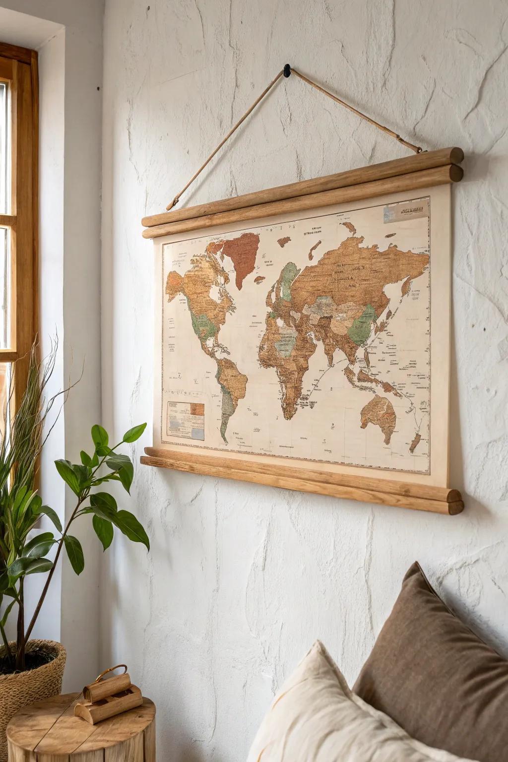 A weathered-wood framed map turns the dining room wall into art and a daily lesson.