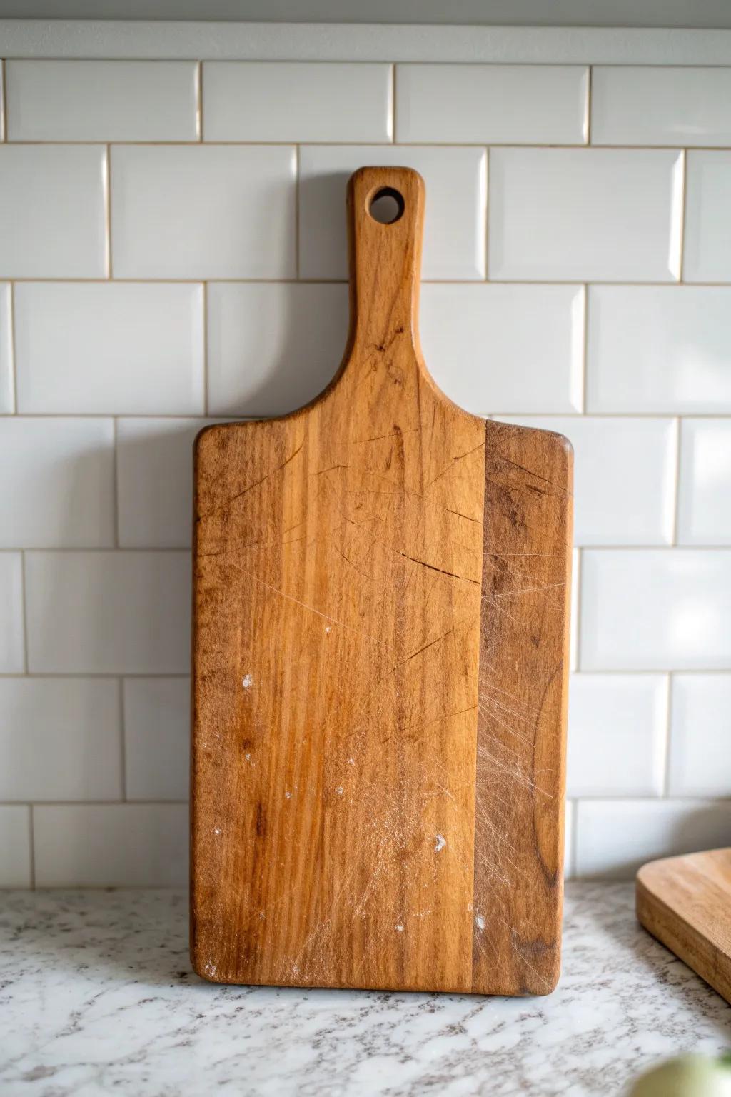 A vintage bread board, lightly sanded and sealed, brings cozy kitchen soul in seconds.