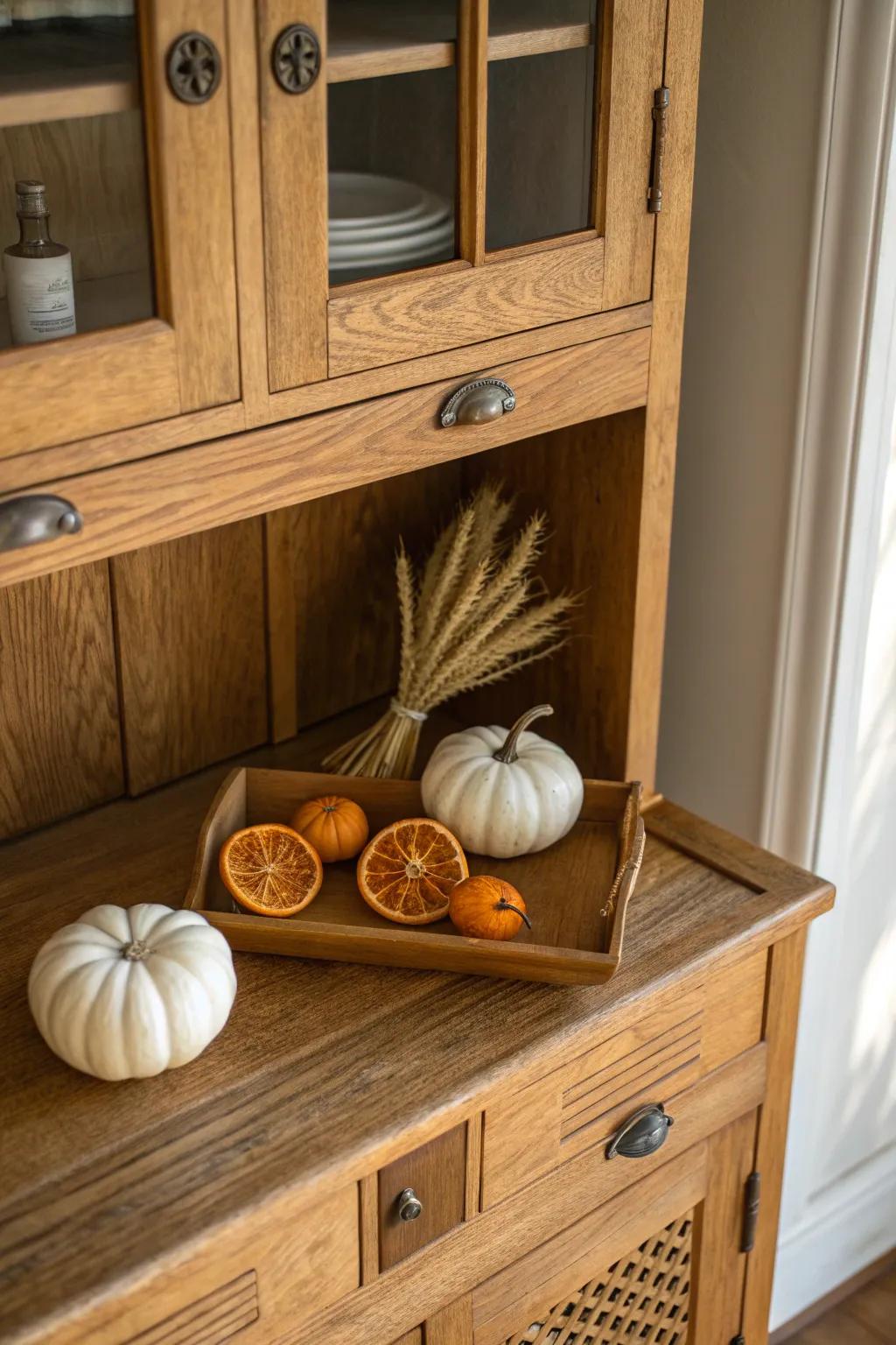 Create a seasonal swap shelf in your Hoosier cabinet with pumpkins, citrus, and warm wood tones.