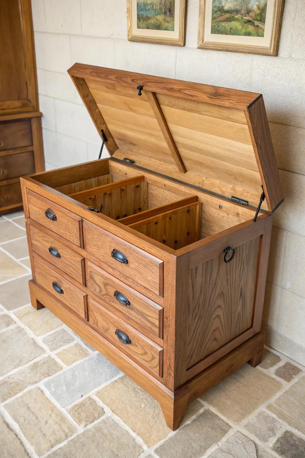 Upcycled dresser turned hope chest—hinged lid + original drawers become hidden organizers.