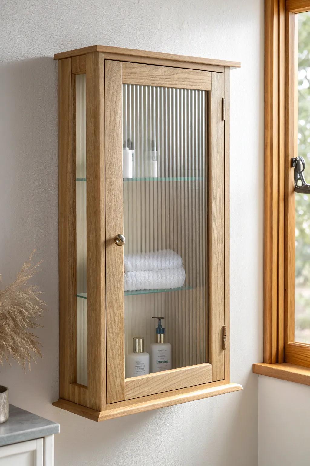 Reeded glass film turns a simple oak cabinet door into a modern, softly hidden storage upgrade.