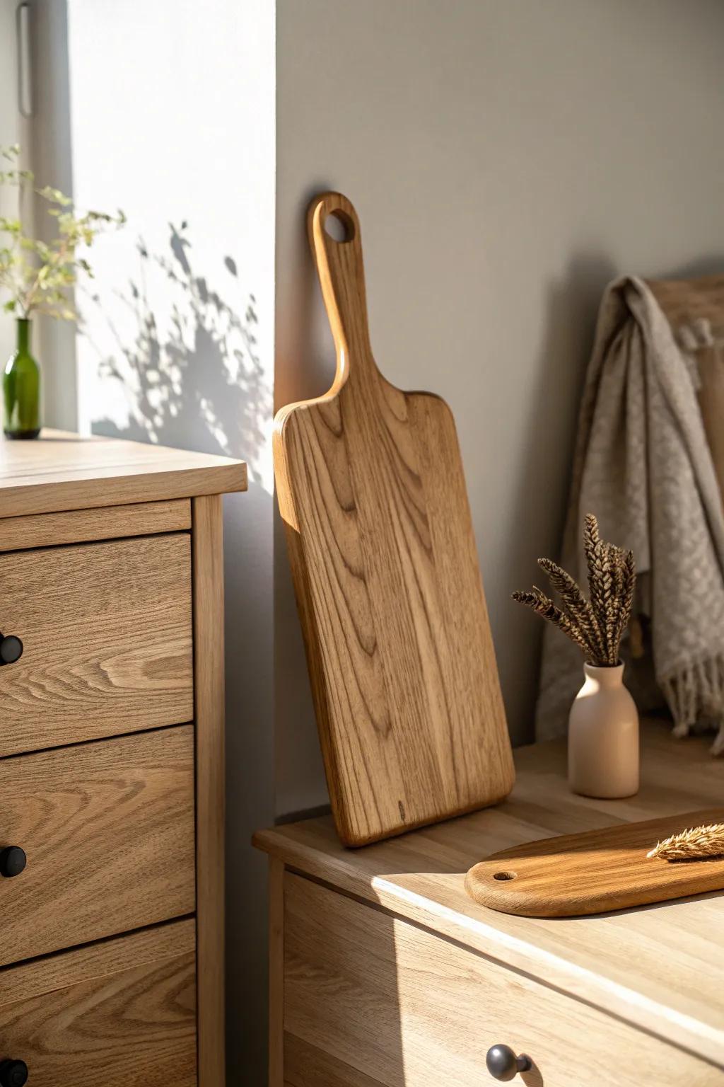A mini paddle board as dresser-top art—simple, sculptural, and perfect for showing off wood grain.