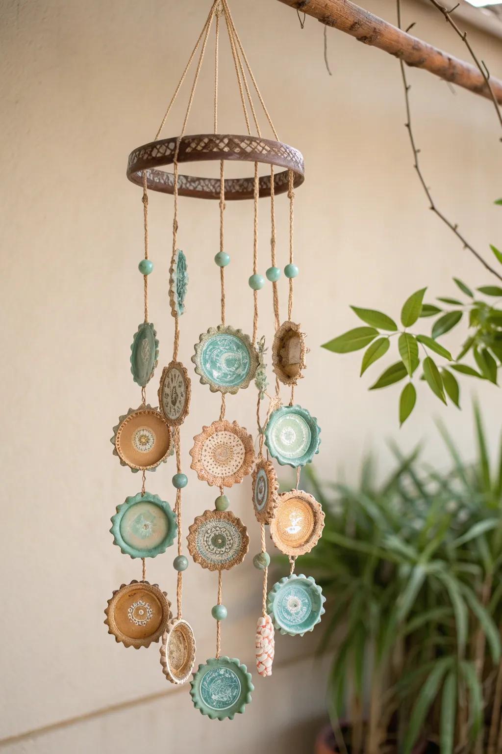 Transforming bottle caps into a chic mobile: a perfect blend of creativity and sustainability.