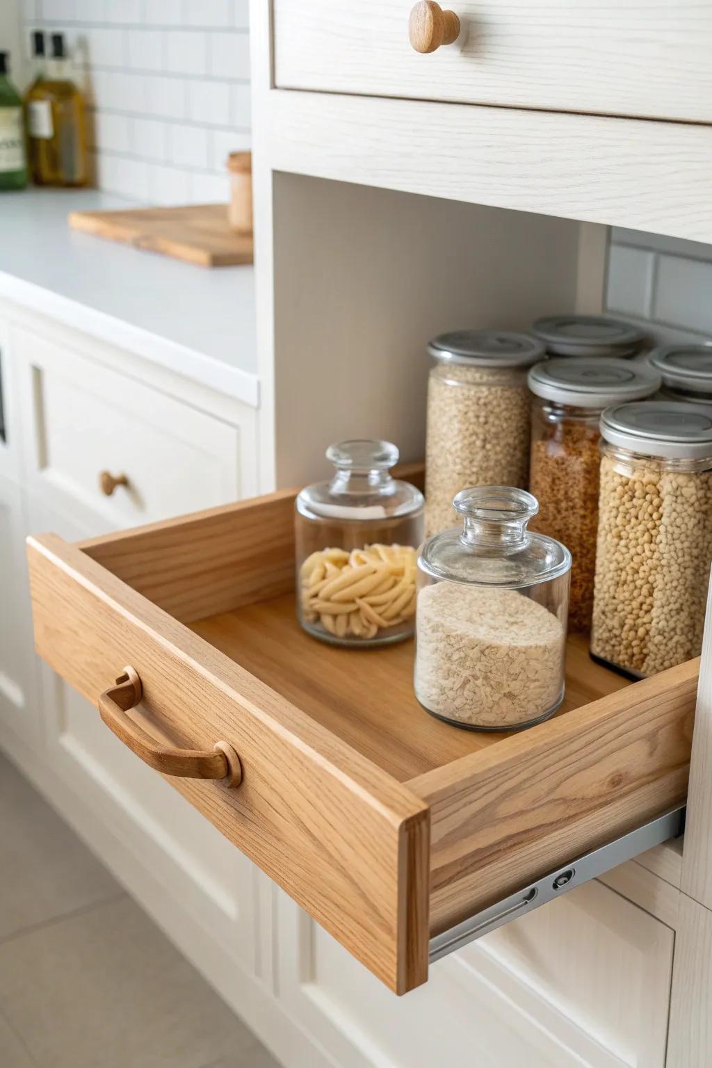 Use a “no reach” rule: keep weekly staples in the front—or on a pull-out wood tray.