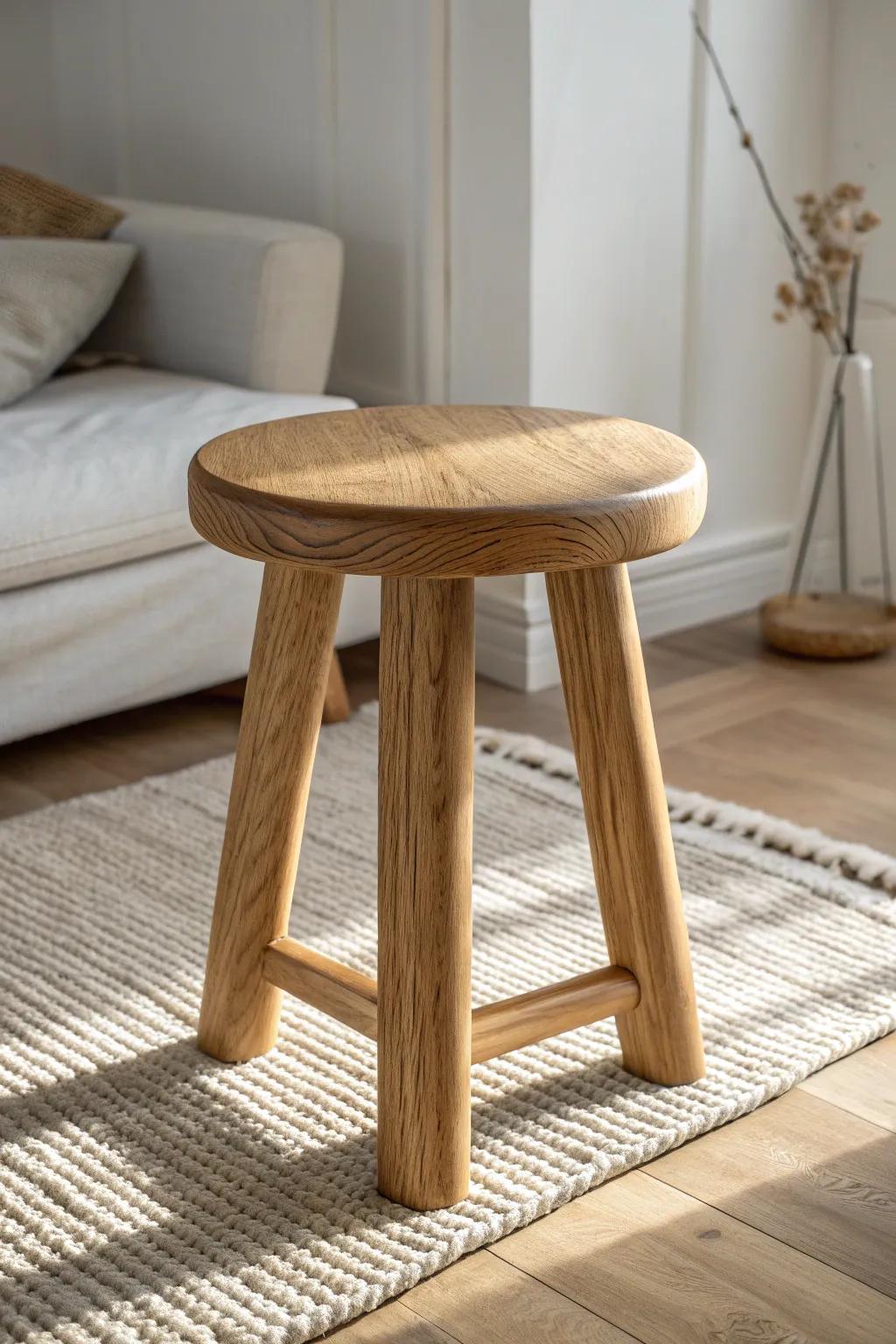 A round wooden stool adds gentle curves and instant hygge calm to a wood-filled living room.