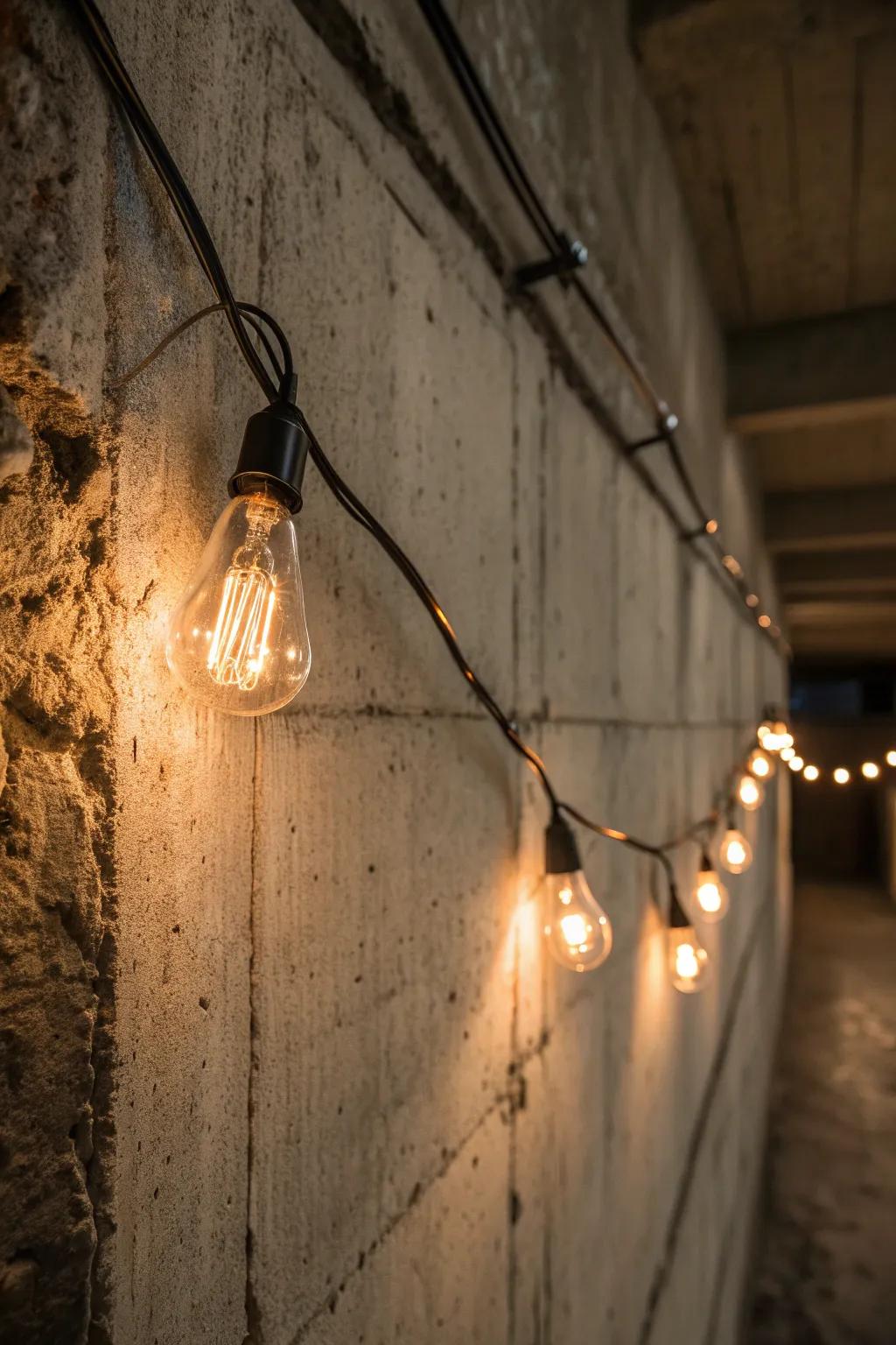 Illuminate your space with the cozy charm of string lights against raw concrete.