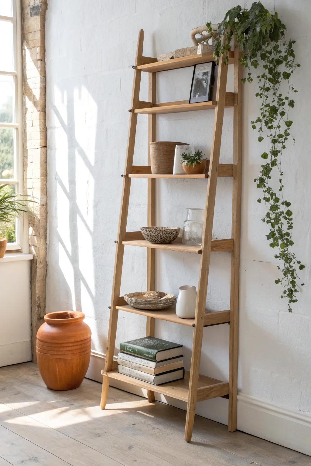 Light oak ladder wall shelf with tapered rails—minimal, airy, and perfect for greenery.
