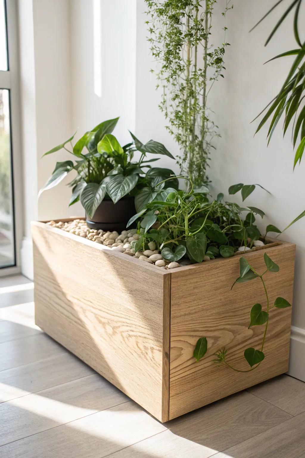 Wraparound corner planter box in pale oak—turn an unused corner into a crafted indoor feature.