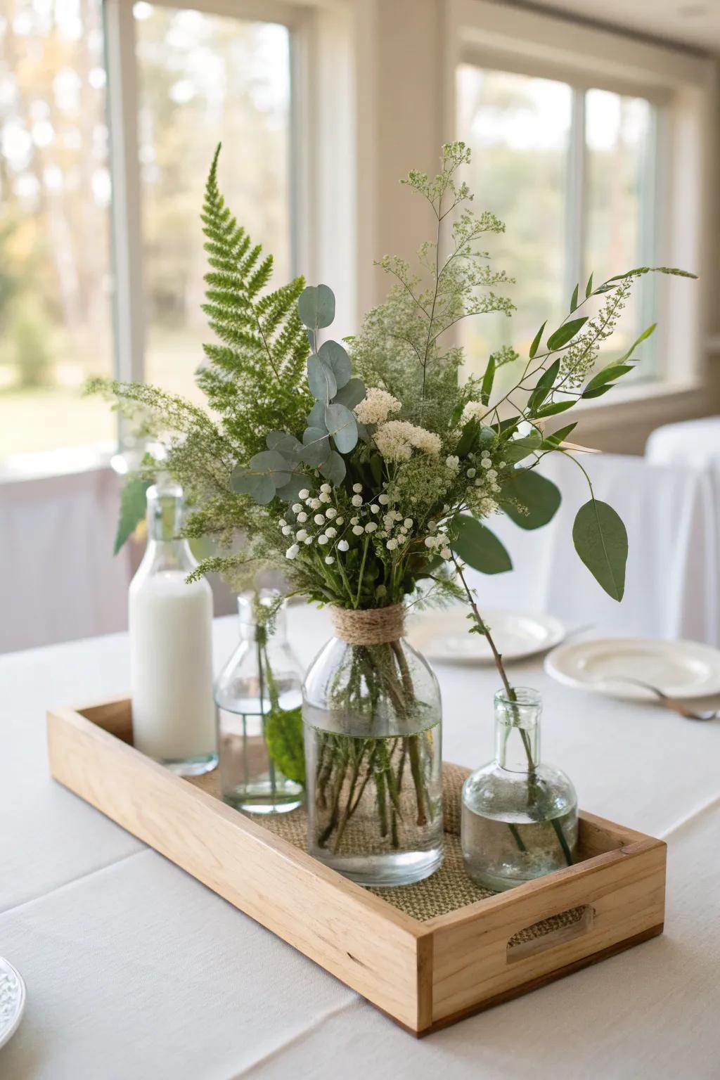 Mismatched vases, one repeating greenery—effortless rustic indoor wedding table charm.