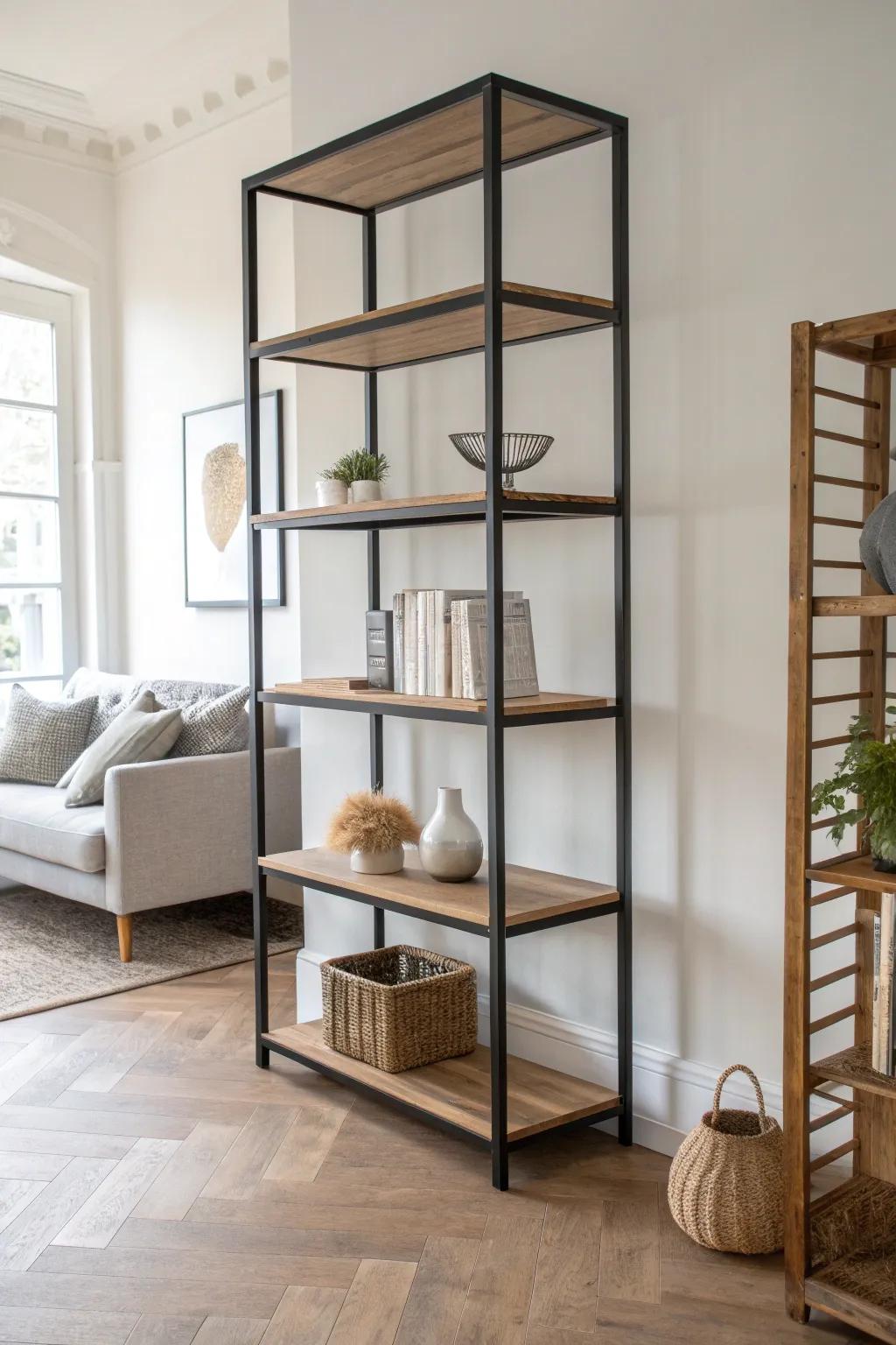Open industrial shelving as a room divider—black steel and oak for airy, zoned living.