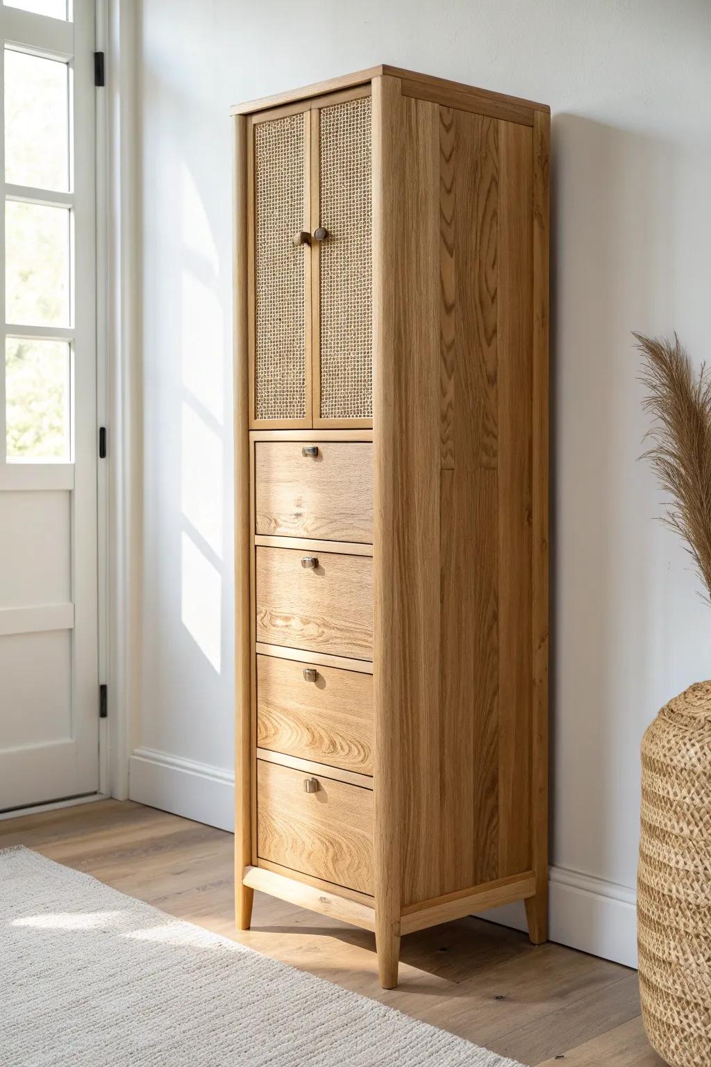 A space-smart oak storage tower that spins open to reveal perfectly organized swivel drawers.