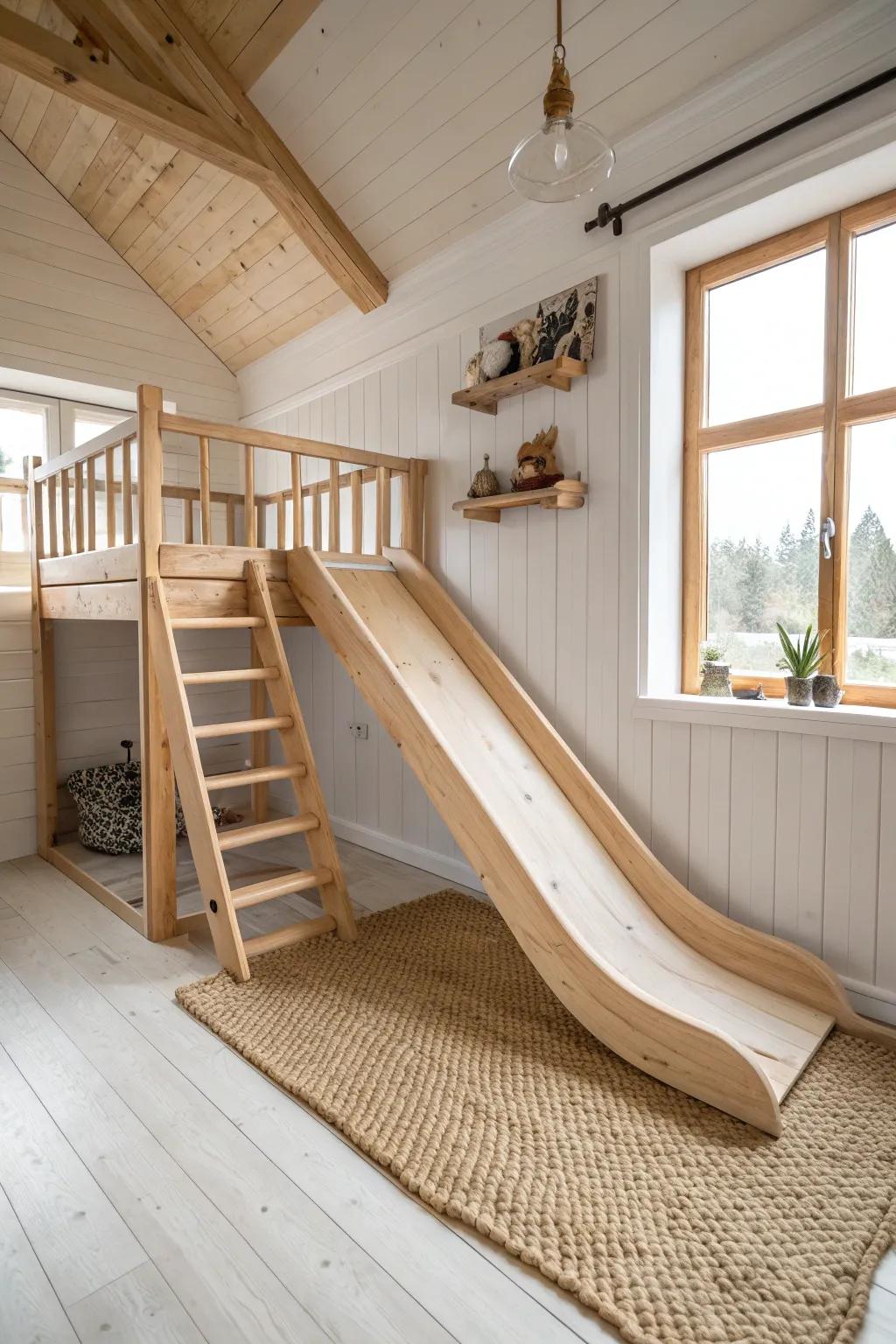 A compact loft slide with matching wood guardrails—kids’ favorite exit in a serene treehouse.