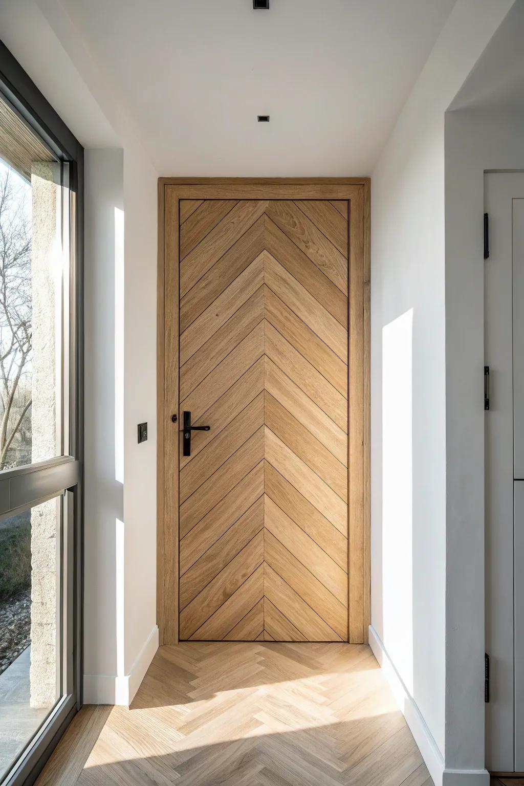 A herringbone plank door that turns basement stairs into a handcrafted design moment.