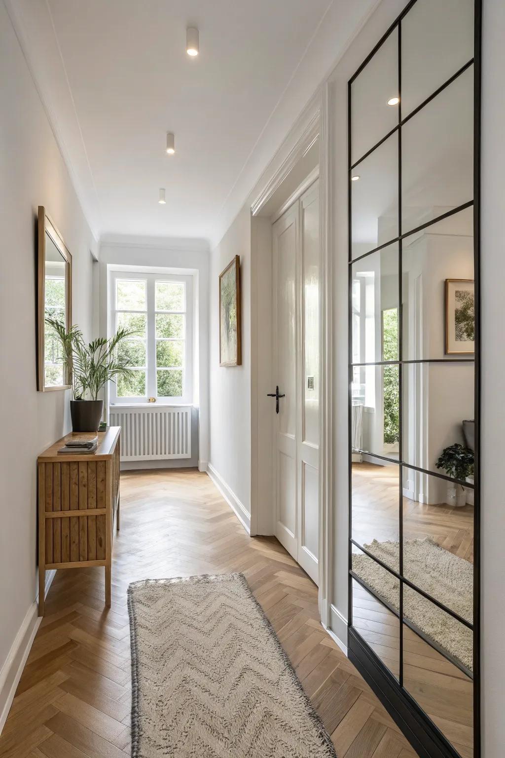 Mirror-wrapped column panels that bounce light and make narrow hallways feel airy.