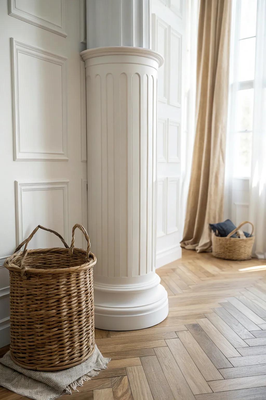 Picture frame molding gives a plain column instant classic millwork elegance—clean and timeless.