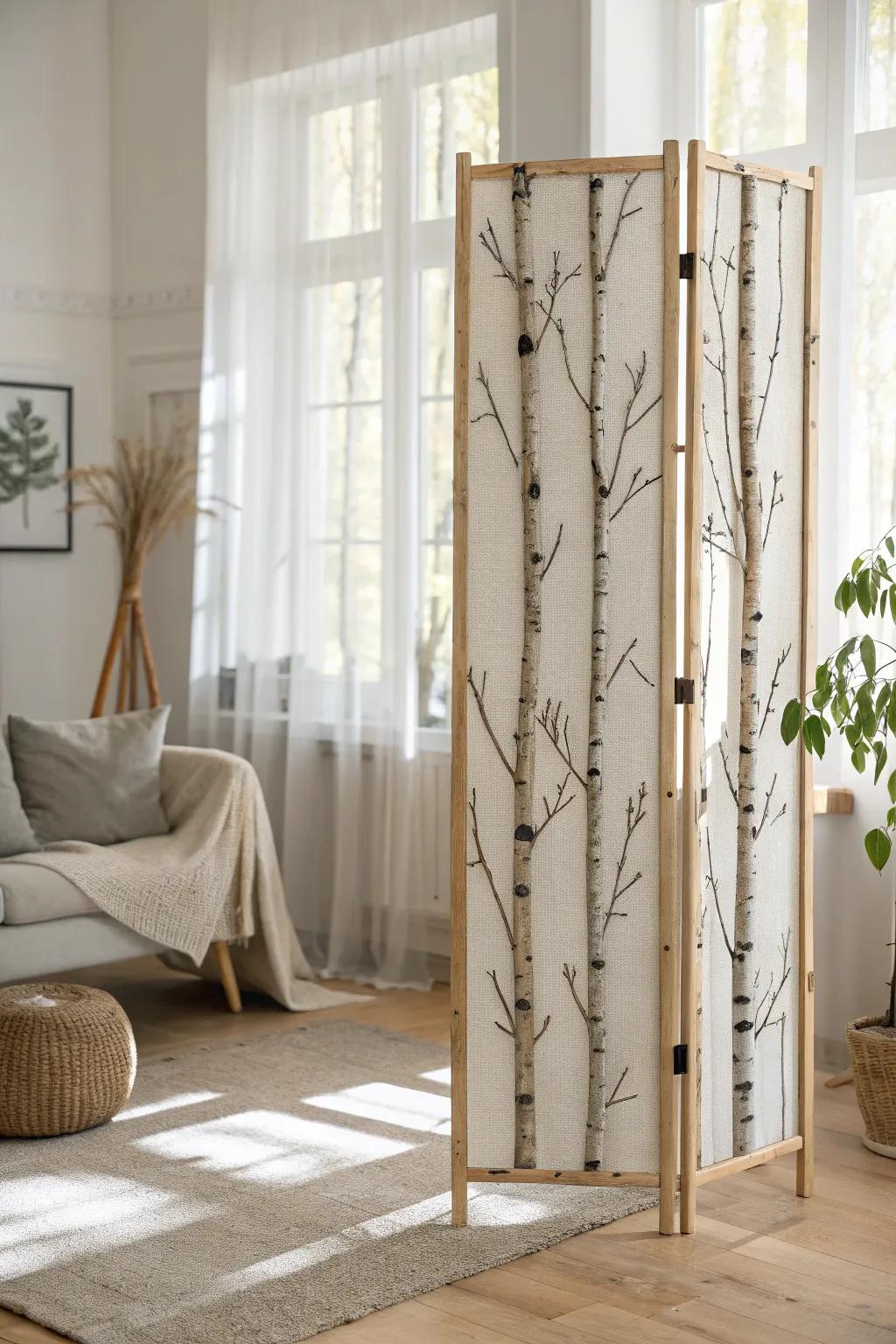 Birch branch room divider: a light-filled forest-wall effect with minimalist Scandinavian calm.