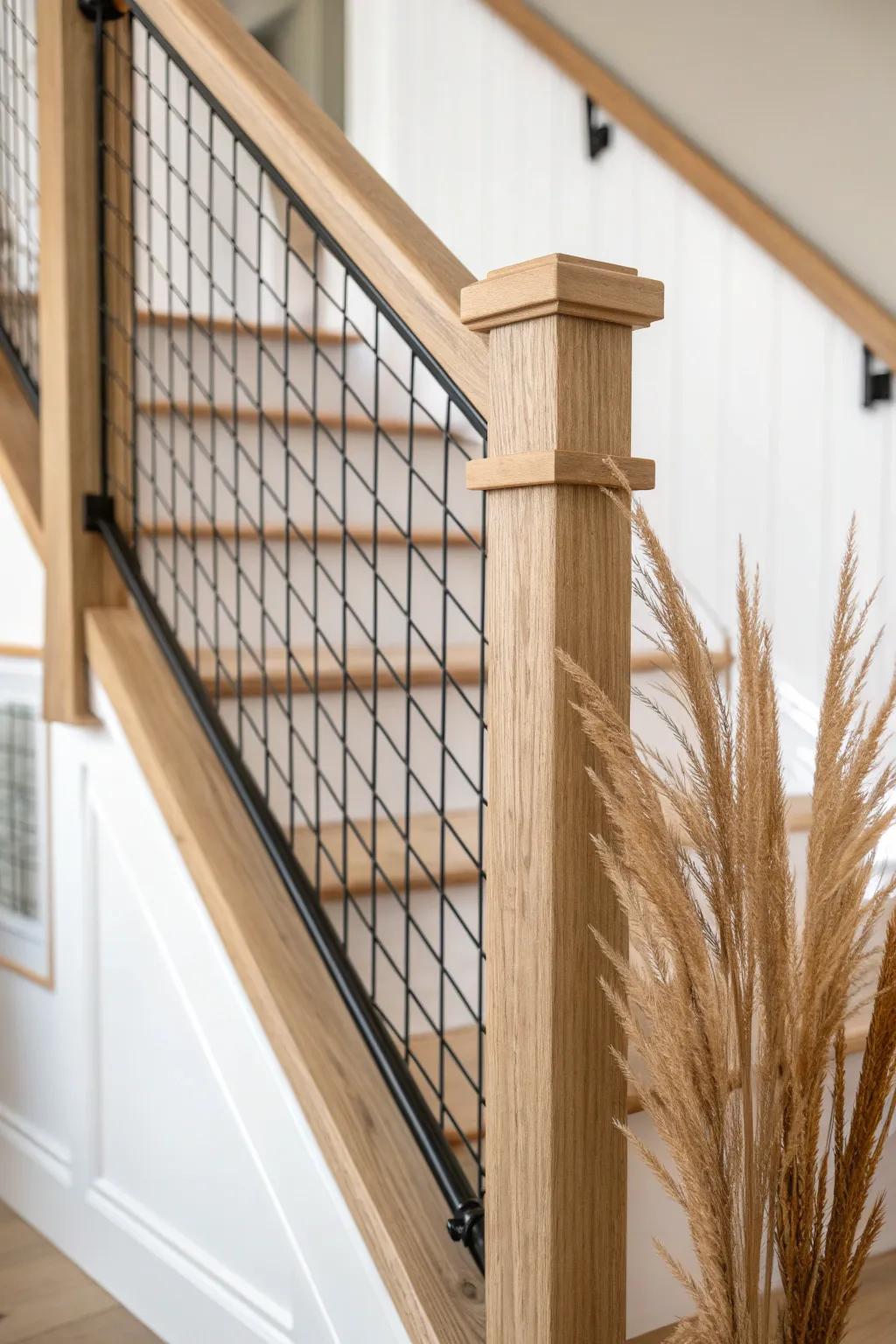 Rustic-industrial wire mesh infill framed in oak—safe, airy, and beautifully handmade.