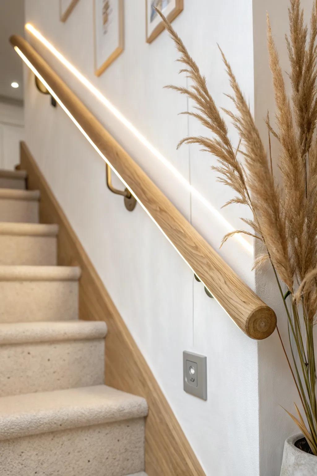 Warm LED under-rail glow turns a simple oak handrail into cozy, practical night lighting.