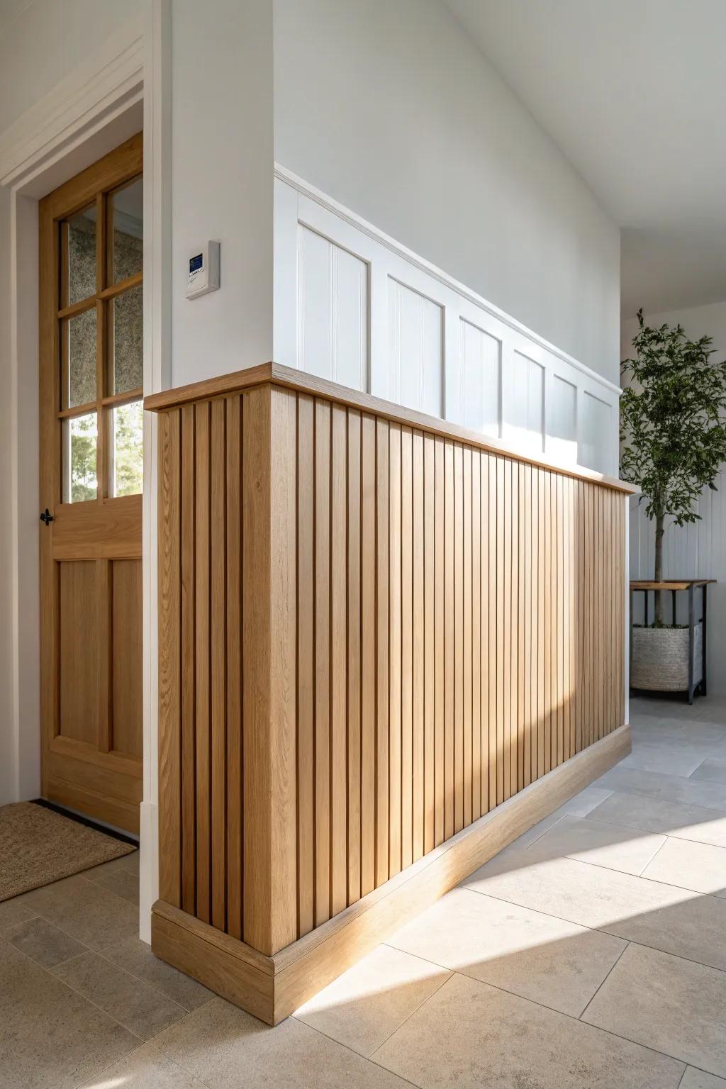 Half-wall oak slats with a painted top—warm texture below, clean calm above.