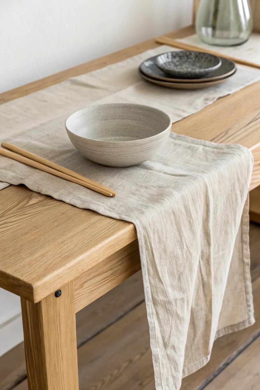 Wrinkled linen + matte stoneware: the effortless Japandi table that feels done, not decorated.