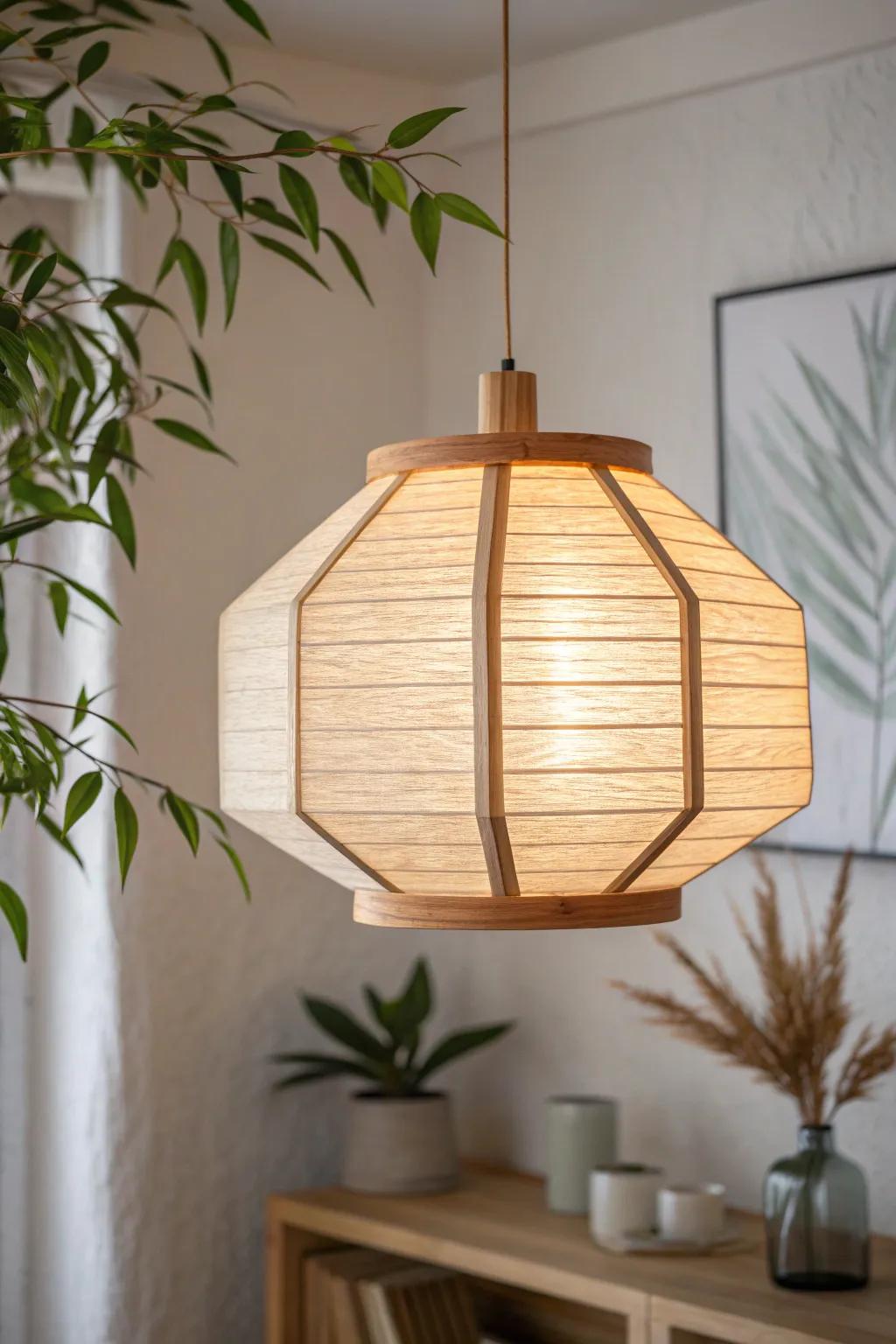 Soft, diffused glow from a handcrafted wood pendant—Japanese calm with Scandinavian simplicity.