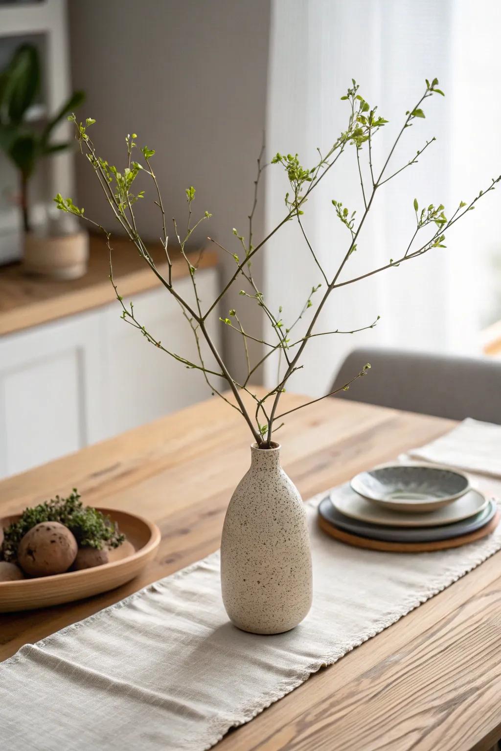 One simple branch centerpiece keeps the table airy—Japanese calm with Scandinavian warmth.