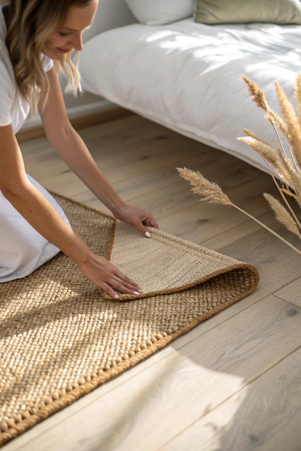Smooth jute rug edges in minutes—hand-press the curl for a cleaner, calmer bedroom look.