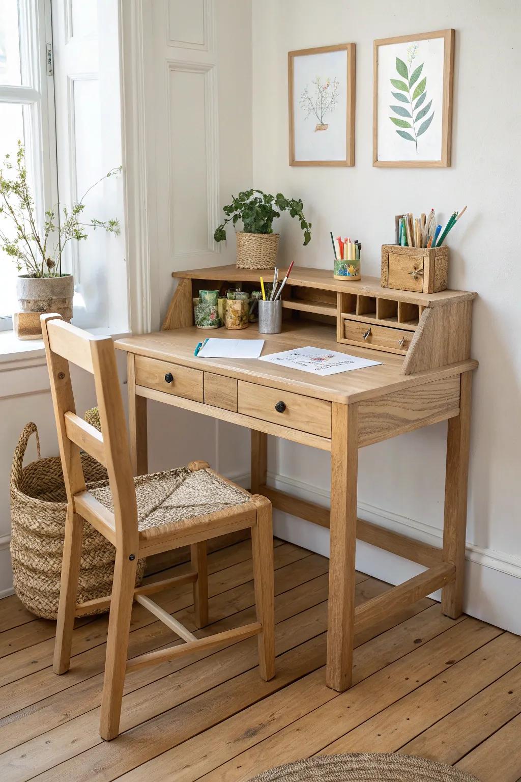 Double the creativity with this charming corner desk for two! Perfect for siblings or friends to share their artistic adventures.
