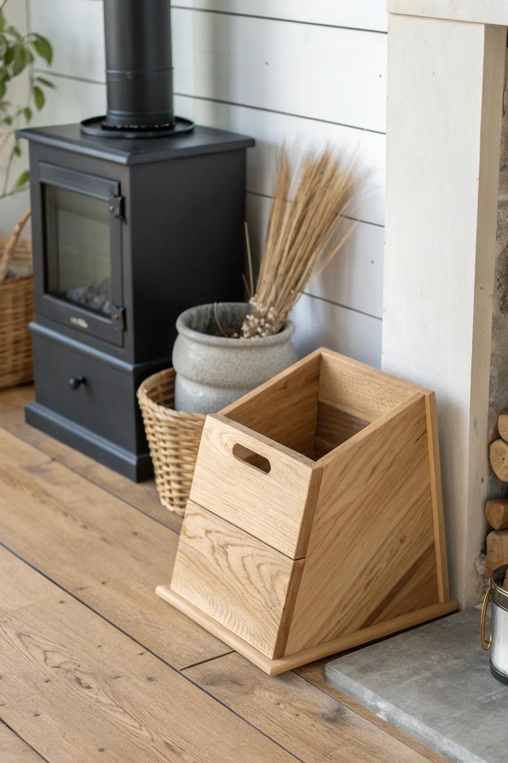 A corner-fit triangular kindling box that turns unused space into a beautiful wood-stove staple.