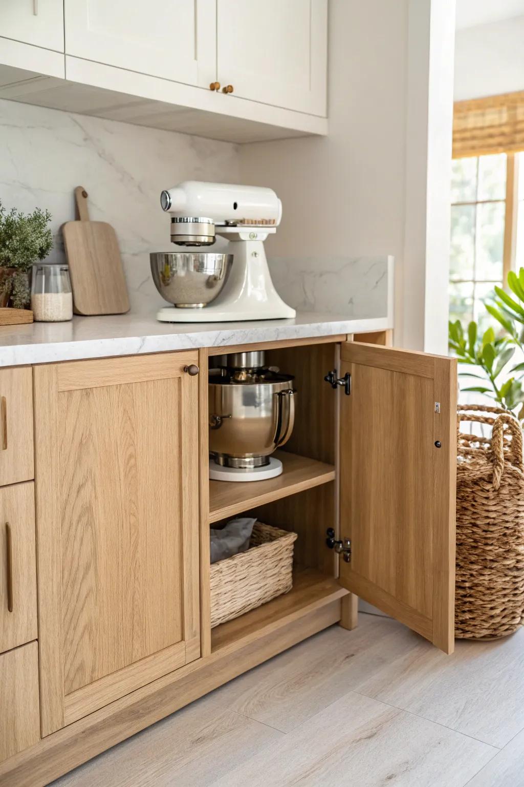 A hidden mixer lift keeps your baking station clear—raise it up only when it’s time to mix.