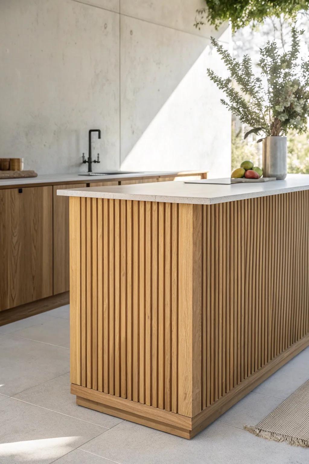 Fluted slat-front kitchen island—simple wood strips, big wow, and beautiful light-play.