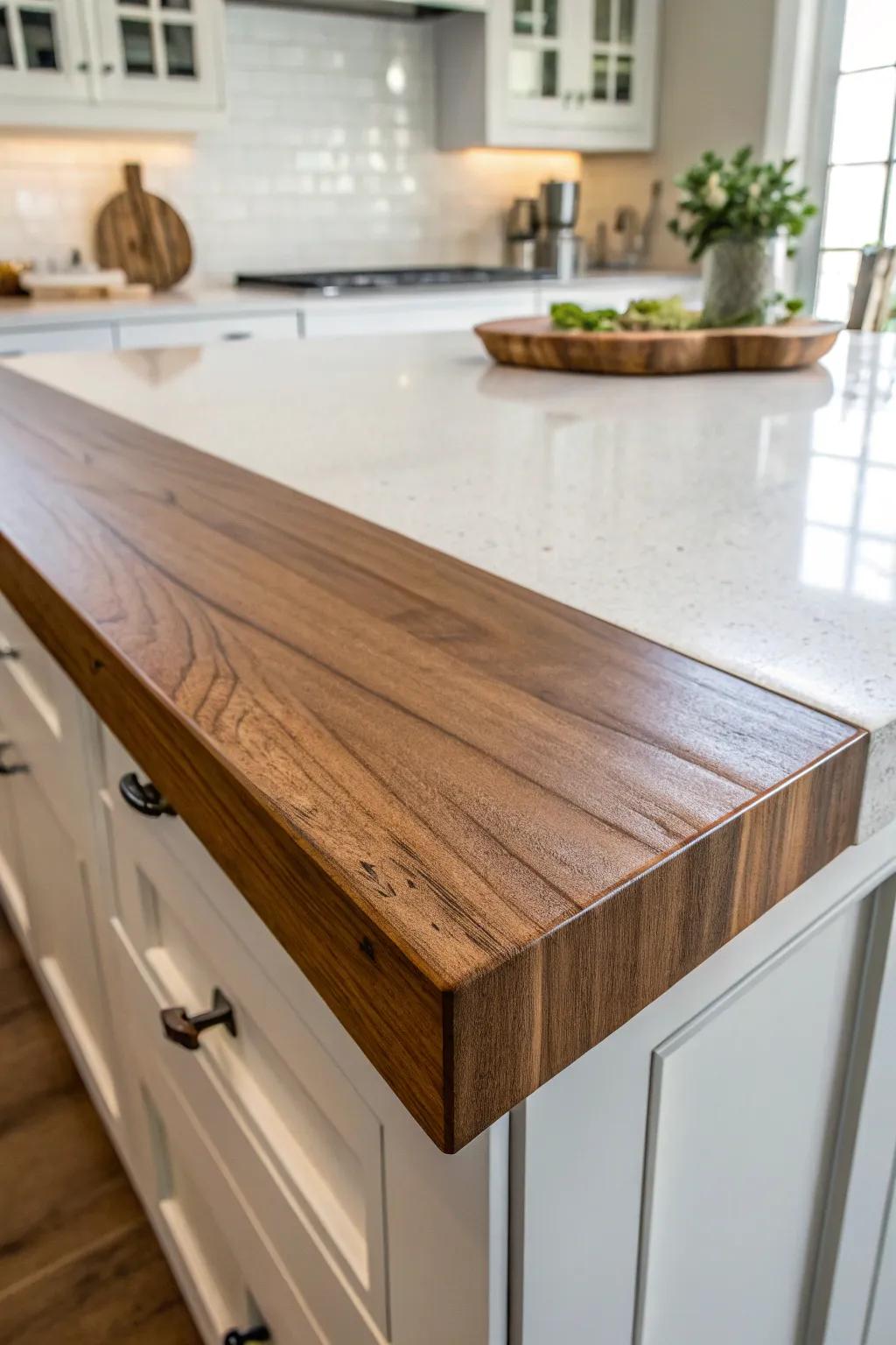 Two-tone dining ledge bar top: warm walnut meets crisp quartz for a cozy kitchen zone.