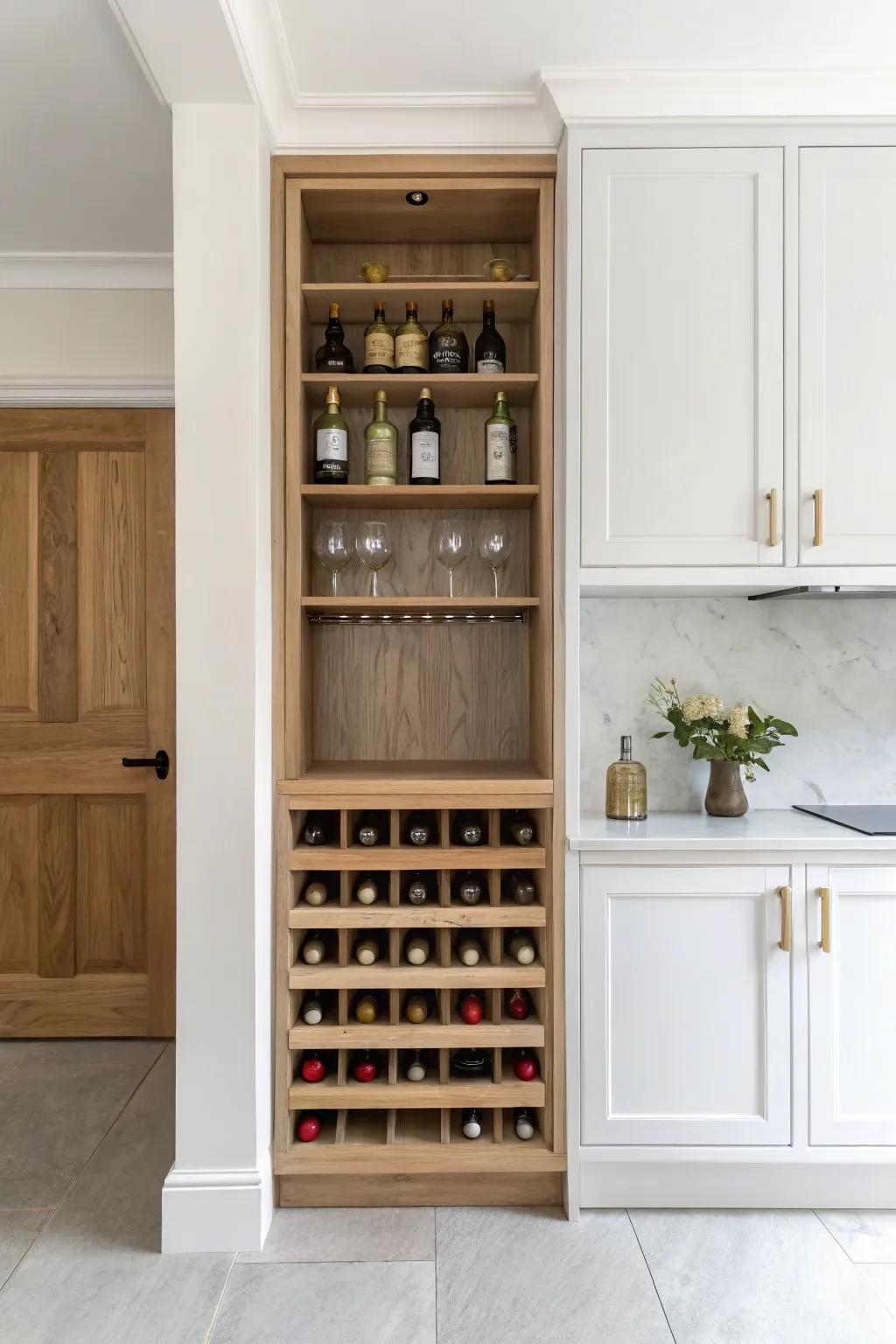 A sleek built-in wine rack with stemware rails—small-space storage with designer polish.