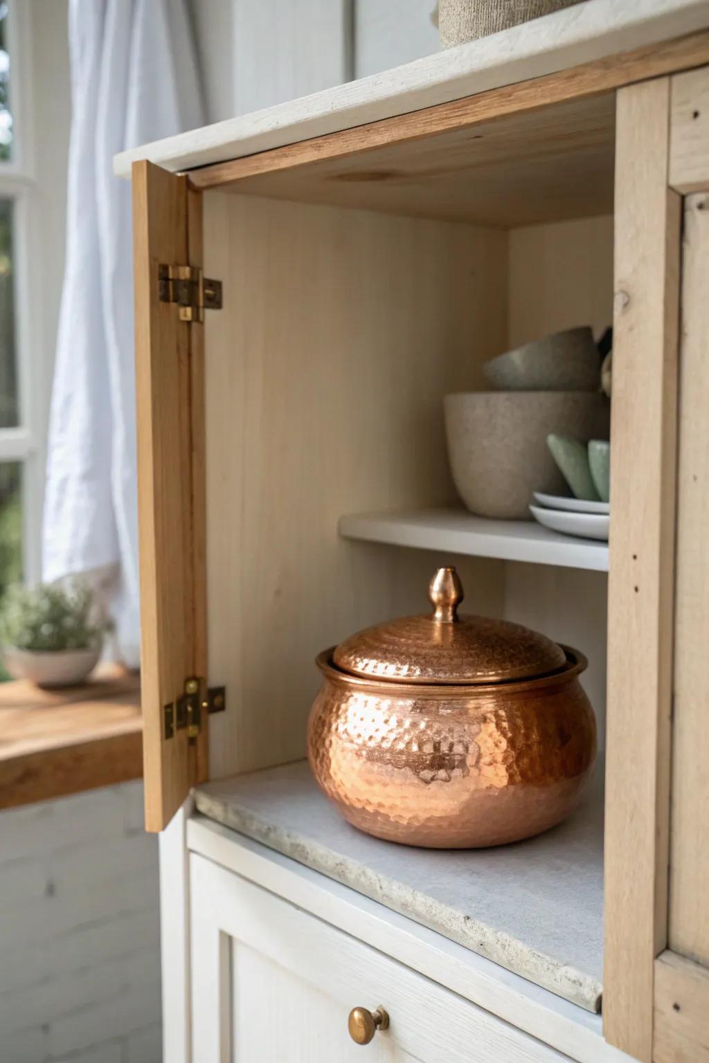 A single copper piece adds instant warmth and glow to neutral dishes in a wood cabinet.