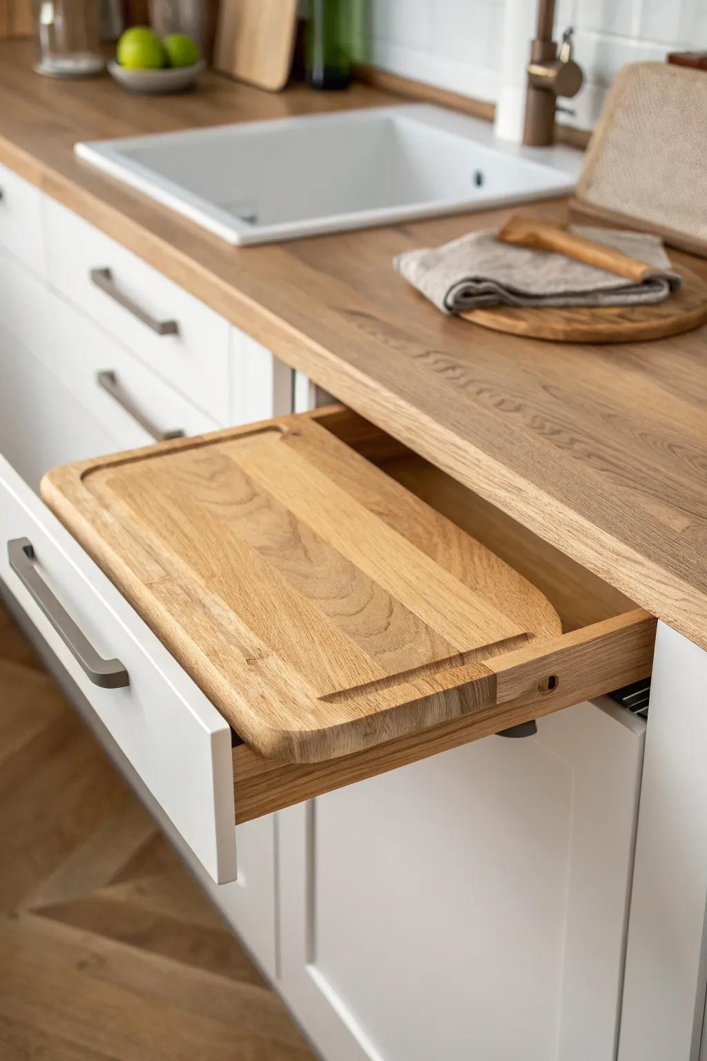 A pull-out oak cutting board adds instant prep space—beautiful, compact, and made for tiny kitchens.
