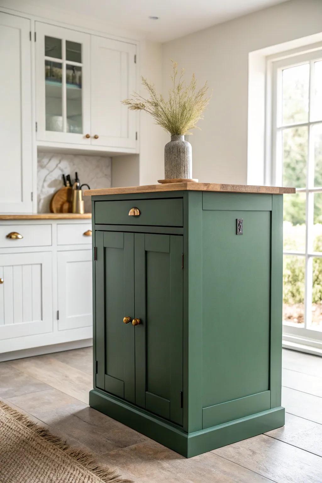 A bold painted island adds instant contrast—and becomes the cozy gathering spot.