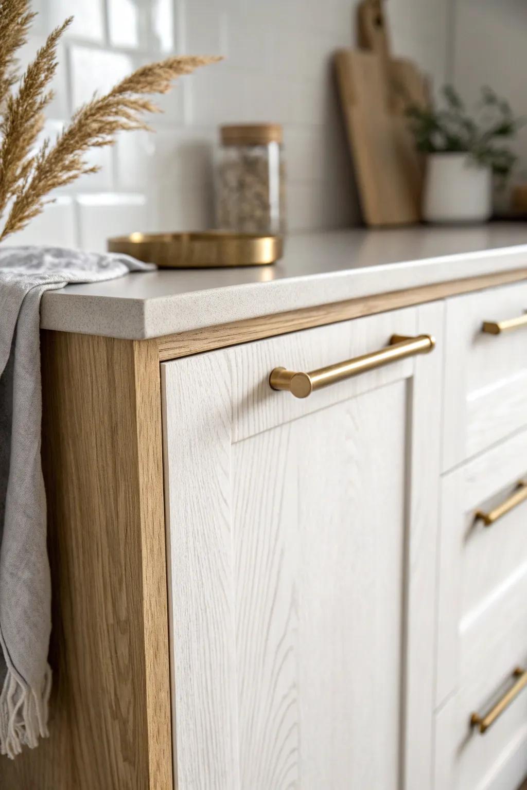 Sleek edge pull on oak slab front—minimal hardware that keeps cabinets clean and seamless.