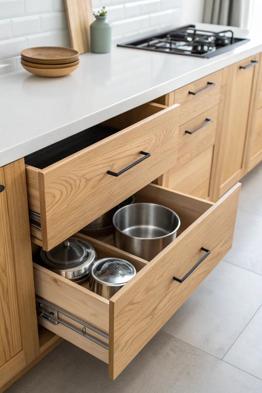 Swap lower doors for deep drawers—pots and pans go from hidden to grab‑and‑go in seconds.