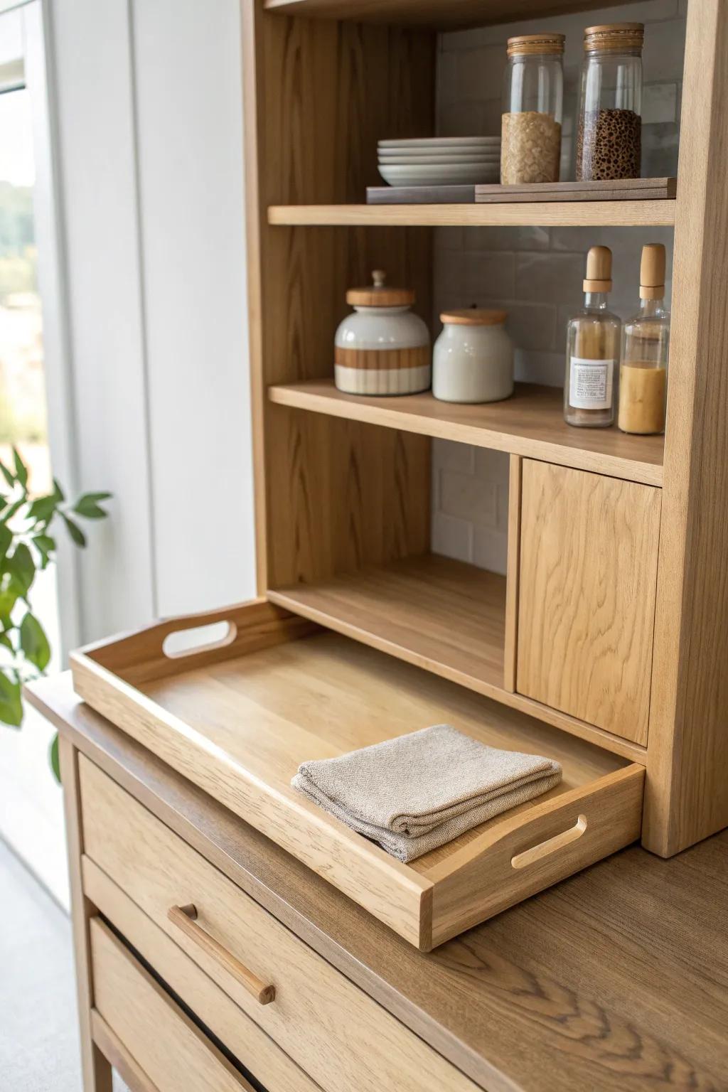 A hidden slide-out tray inside a counter hutch—perfect for stashing boards and spices in style.